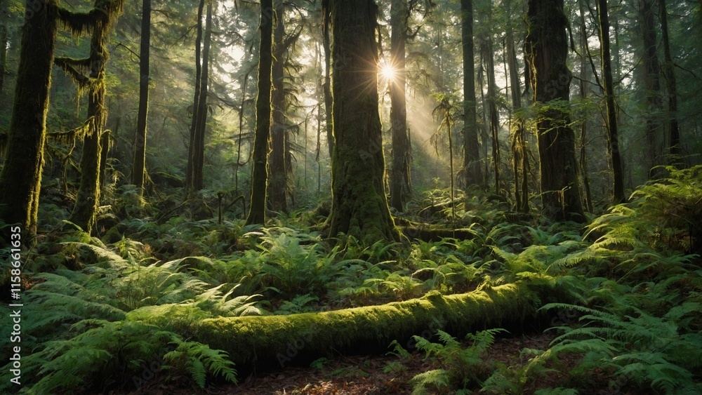 Obraz premium Enchanting forest scene with sunlight filtering through tall trees and lush ferns
