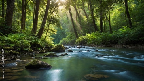 Serene river flowing through a lush green forest with sunlight streaming through trees