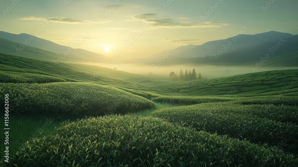 Obraz premium Sunrise over misty green valley landscape with rolling hills and distant mountains.
