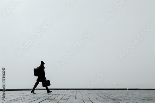 A Person Walks with a Backpack and Bag Along a Cityside Pavement on a Foggy Day, Reflecting Urban Solitude and Tranquility in the Cityscape, Showing the Beauty of Everyday Life. photo