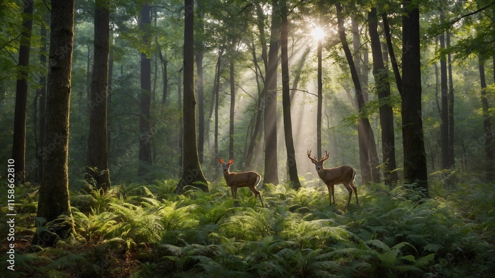 Majestic deer standing in a lush forest with sunlight filtering through the trees Majestic deer standing in a lush forest with sunlight filtering through the trees