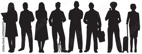 silhouette of various professional. set of different occupation people group. various professions and specialists standing together 