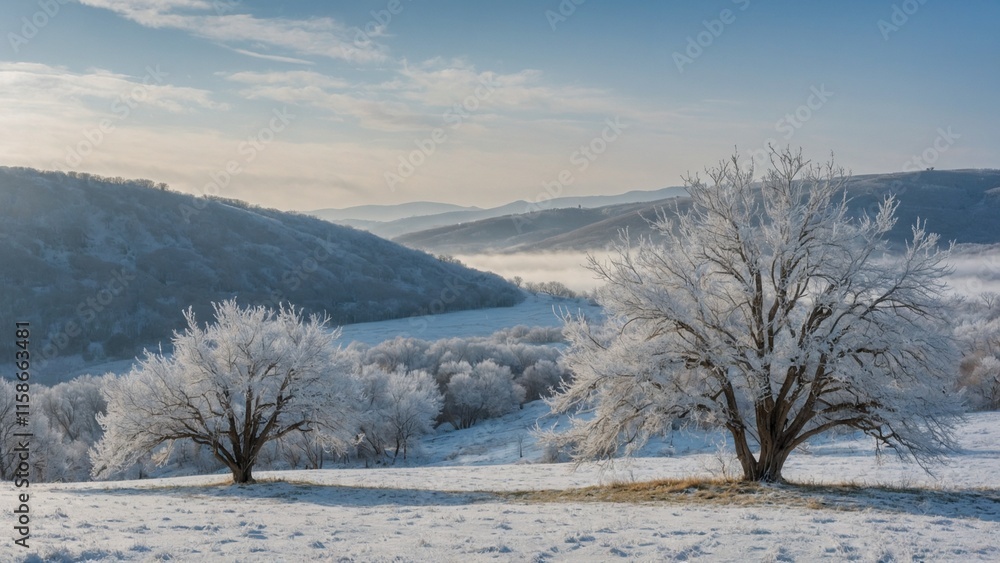 Winter landscape with frosted trees and rolling hills under a blue sky Winter landscape with frosted trees and rolling hills under a blue sky