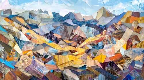 Abstract collage of colorful gemstone mountain landscape under a blue sky.