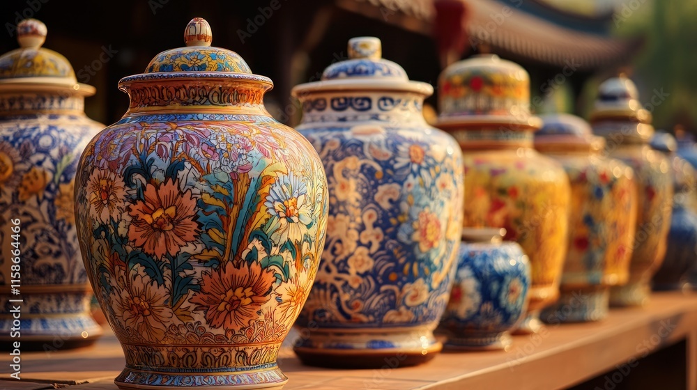 Ornate hand-painted ceramic jars in a row, showcasing vibrant floral designs and intricate details. Ornate hand-painted ceramic jars in a row, showcasing vibrant floral designs and intricate details.