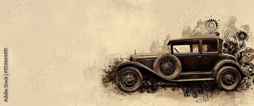 Vintage car illustration with sepia tones and steampunk elements. photo