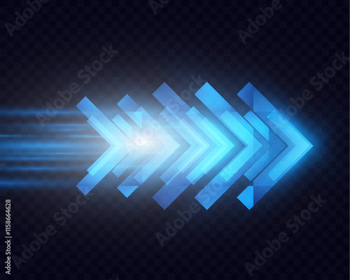 	
Blue glowing arrows moving forward at high speed on dark background, light trail effects, futuristic motion concept, suitable for technology and progress themes.	
