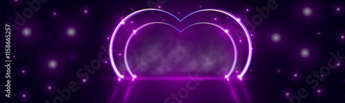 Futuristic modern empty stage with reflective dark room, glowing neon heart shape, and cloud. 3D render for romantic, tech, and creative design projects.