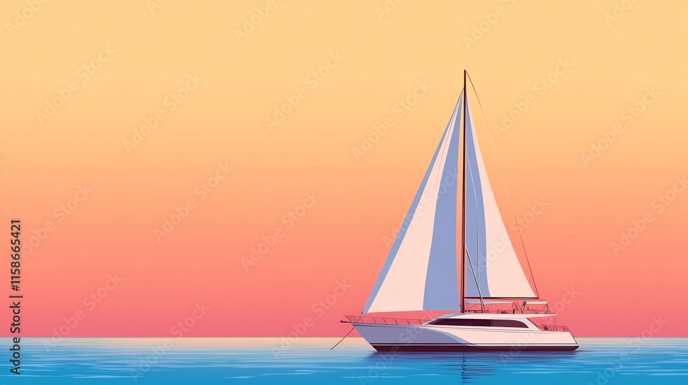 Fototapeta premium Serene Sailboat Gently Gliding at Sunset: Digital Painting in a Calm, Pastel Style. AI Generated