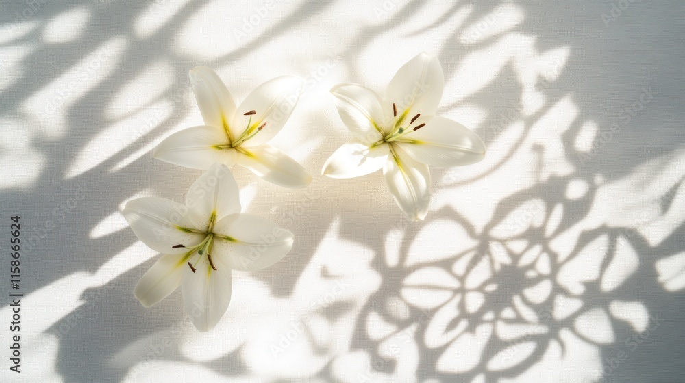 Obraz premium Three white lilies casting shadows on a light surface.
