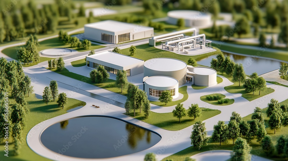 Modern Eco-Friendly Water Treatment Plant: High-Angle 3D Render, Lush Green Setting. AI Generated Modern Eco-Friendly Water Treatment Plant: High-Angle 3D Render, Lush Green Setting. AI Generated
