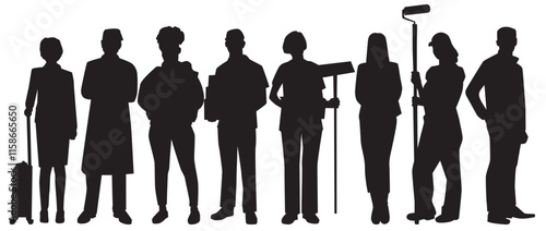 silhouette of various professional. set of different occupation people group. various professions and specialists standing together 