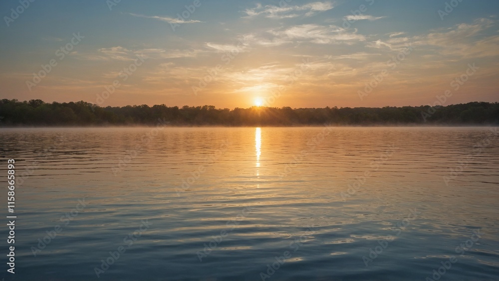 Obraz premium Serene sunrise over tranquil lake with mist and colorful clouds