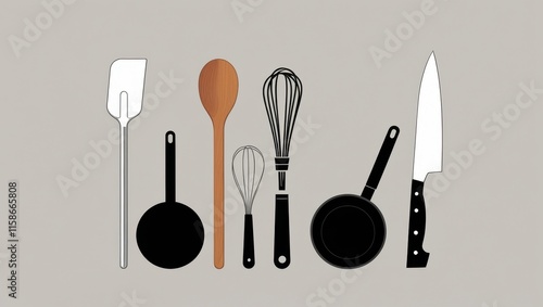 Kitchen Utensils Cooking Tools Chef s Knife Whisk Spatula Pan Wooden Spoon photo