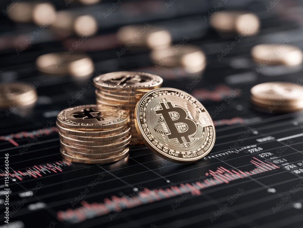 Stacks of golden Bitcoin coins on a digital stock market graph, symbolizing cryptocurrency investment and market analysis. Stacks of golden Bitcoin coins on a digital stock market graph, symbolizing cryptocurrency investment and market analysis.