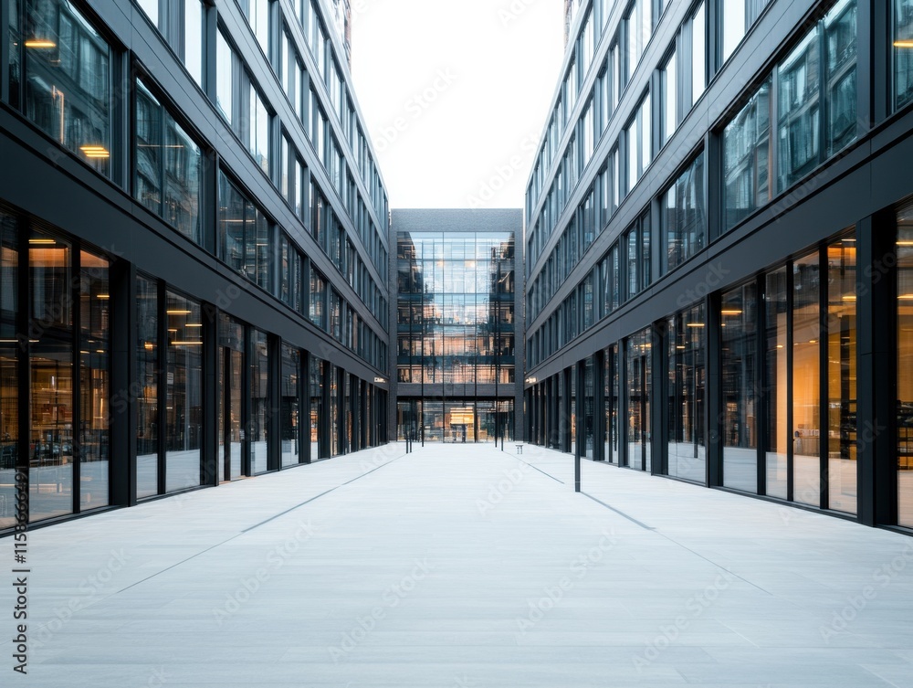 Fototapeta premium A modern residential building with glass facades lines a calm street, showcasing symmetrical architecture and a sleek, cinematic style.