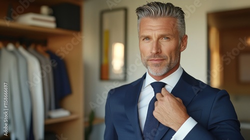 Confident mature man adjusting his tie in a stylish suit. photo