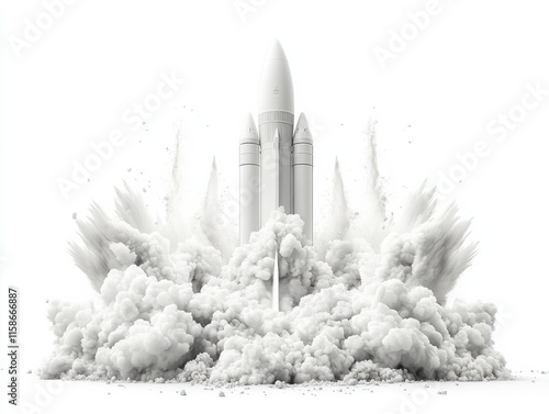 A 3D model of a space rocket launching, surrounded by dramatic smoke plumes, isolated on a white background.