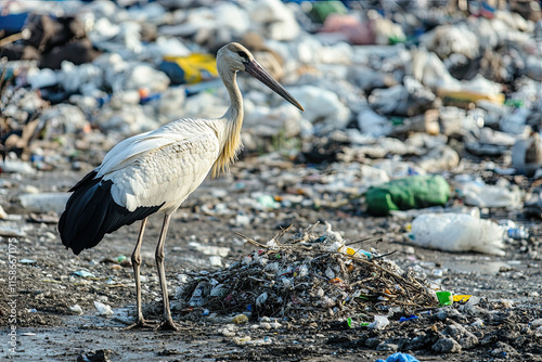 A stork nesting in a polluted area, with garbage and industrial waste around photo