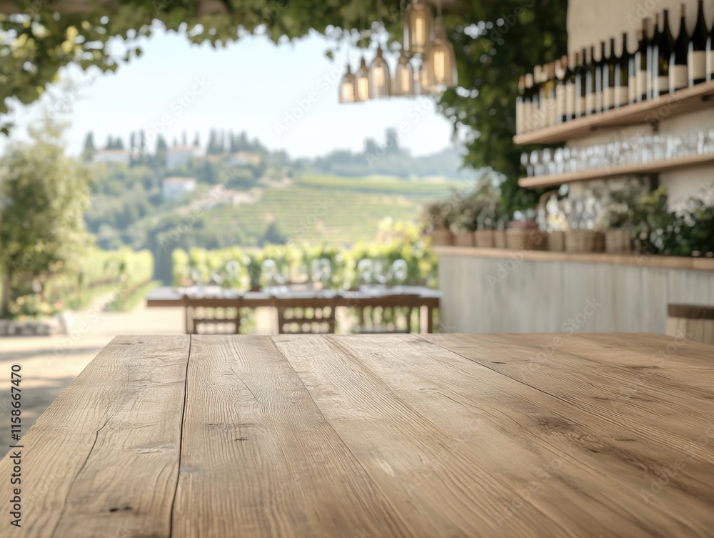 An empty wooden table in an outdoor setting, perfect for product display. The background is blurred, revealing a vineyard and a cozy ambiance. An empty wooden table in an outdoor setting, perfect for product display. The background is blurred, revealing a vineyard and a cozy ambiance.