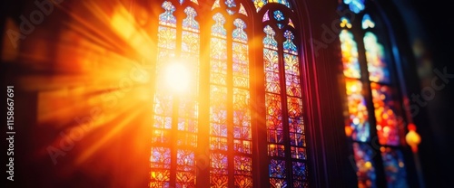 Sunlit stained glass window in a cathedral.