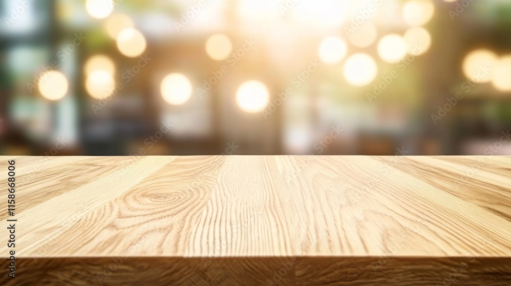 Empty light wood table top with blurred in coffee shop background Empty light wood table top with blurred in coffee shop background