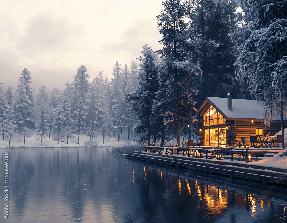 Fototapeta premium Winter Cabin by Lake