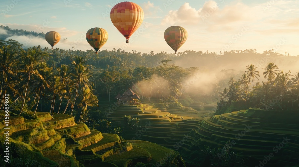 Obraz premium Hot air balloons soar over misty sunrise rice terraces.