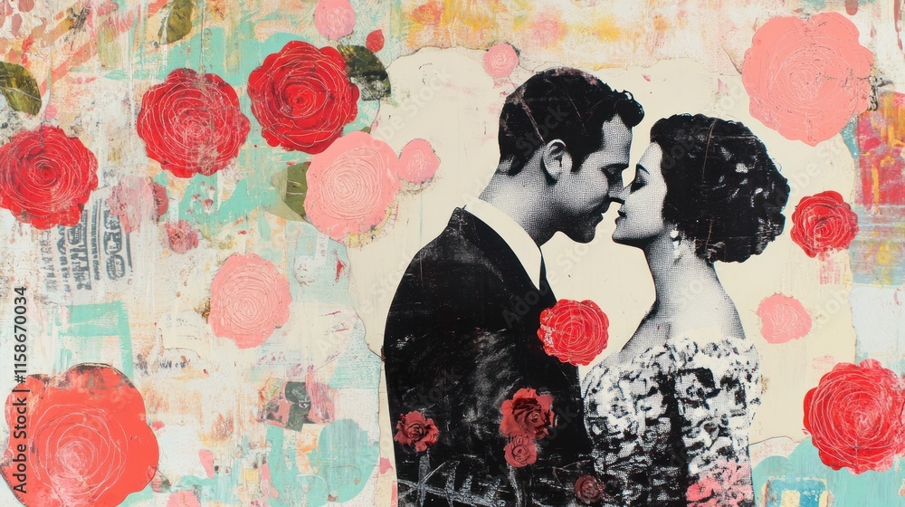 Fototapeta premium Romantic couple's portrait amidst pink and red roses, vintage style.