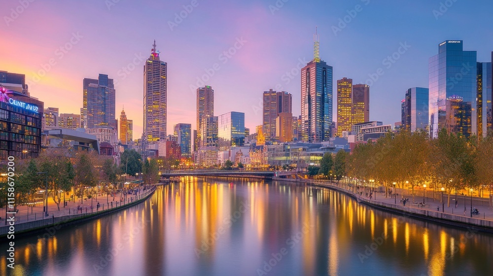Fototapeta premium Vibrant city skyline at sunset, reflected in calm river water.