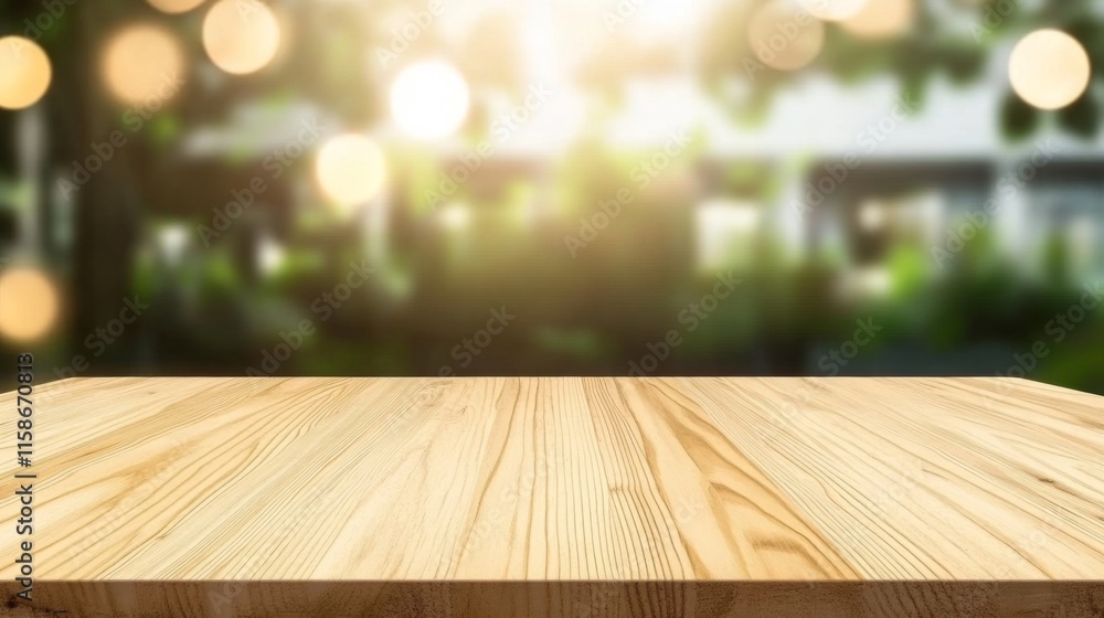 Empty light wood table top with blurred in coffee shop background