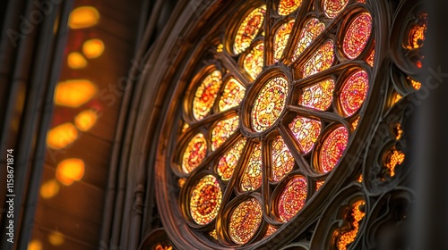 Ornate circular stained glass window with warm, red and orange hues.