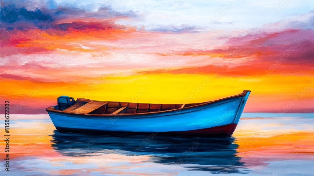 Fototapeta premium Serene Blue Boat Gently Rides Vibrant Sunset Seascape: Digital Painting. AI Generated