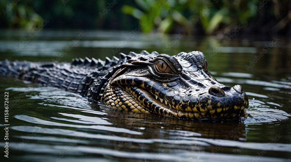 Fototapeta premium Sleek powerful caiman lurking in murky waters of an untamed jungle environment during the golden hour of twilight