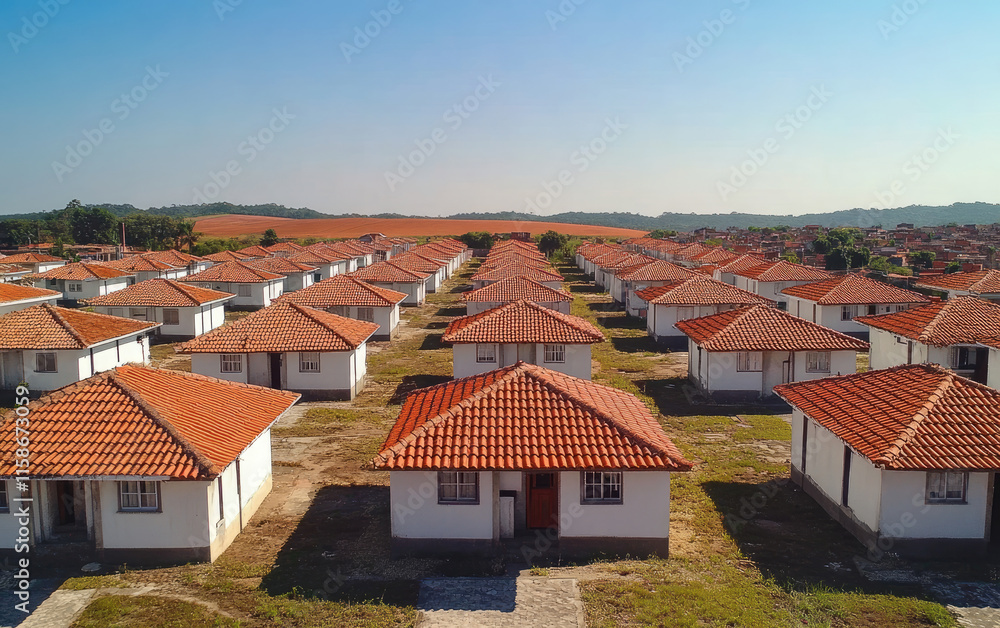 Rows of newly constructed houses with red roofs in a residential area under a clear blue sky. Generative AI Rows of newly constructed houses with red roofs in a residential area under a clear blue sky. Generative AI