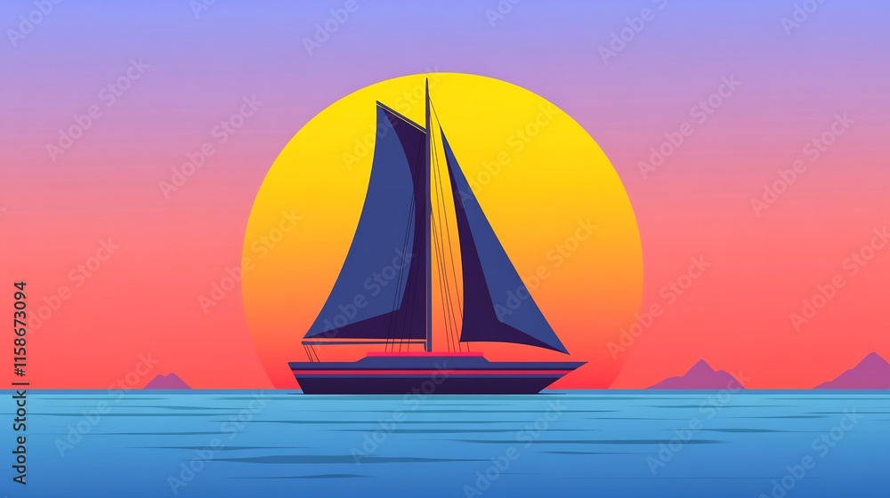 Fototapeta premium Sailing Smoothly into Sunset: Vibrant Digital Illustration of a Sailboat. AI Generated