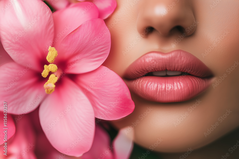 Close up photo of beautiful pink woman's lip. Generative Ai. Close up photo of beautiful pink woman's lip. Generative Ai.