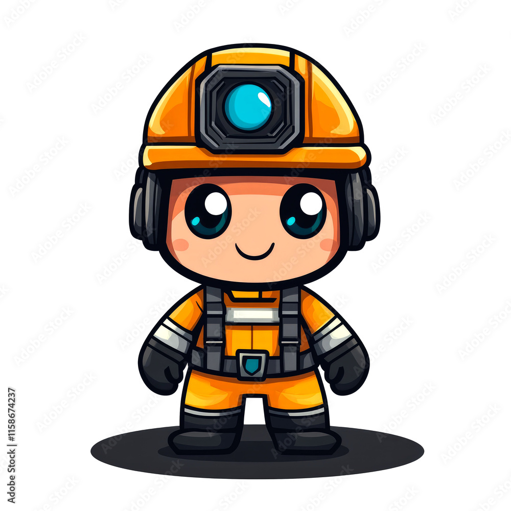 Cute cartoon miner in orange suit and helmet. Cute cartoon miner in orange suit and helmet.