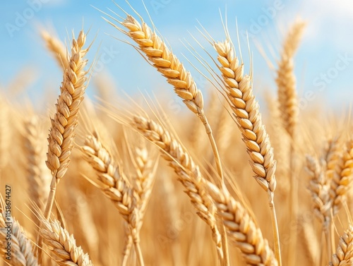 Golden ears of wheat sway gently in a sunlit field, capturing the essence of a bountiful harvest under a clear blue sky. photo