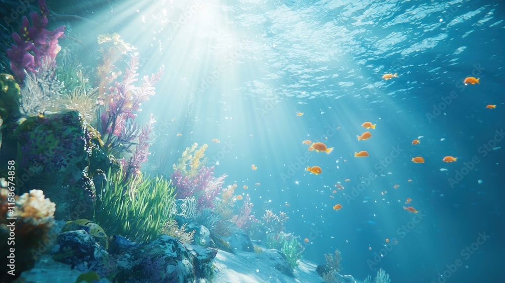 Fototapeta premium Sunbeams illuminate vibrant coral reef and fish.