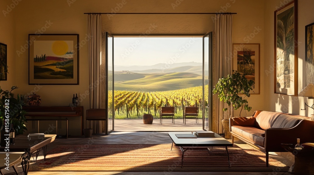 Fototapeta premium Sunlit living room with vineyard view. (1)