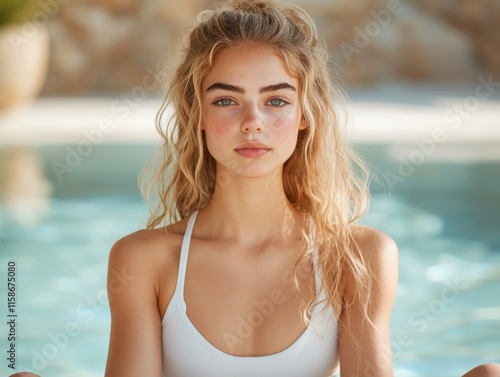 A serene portrait of a young woman with blonde hair, sitting by a tranquil pool, exuding calmness and mindfulness during a sunset yoga session.