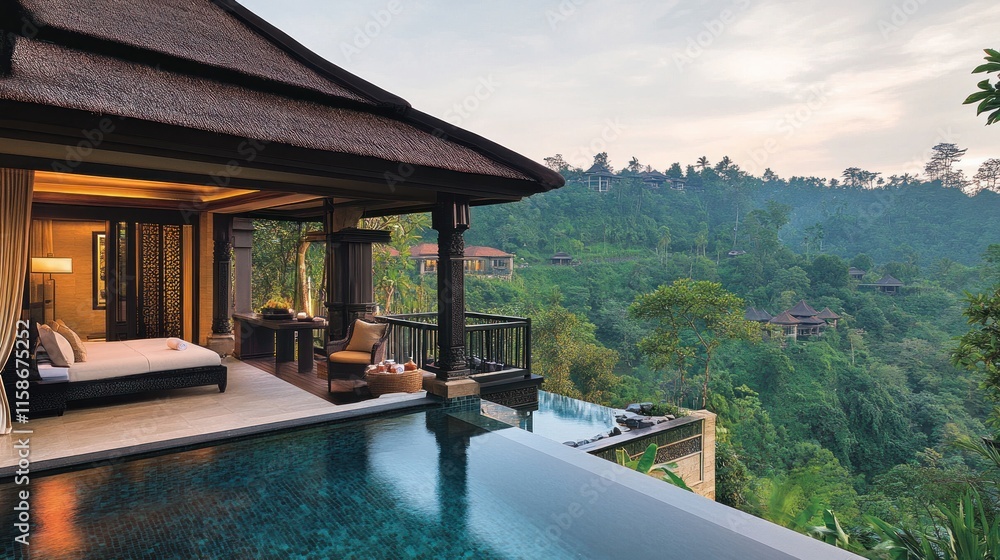 Fototapeta premium Luxury villa with infinity pool overlooking lush green valley.