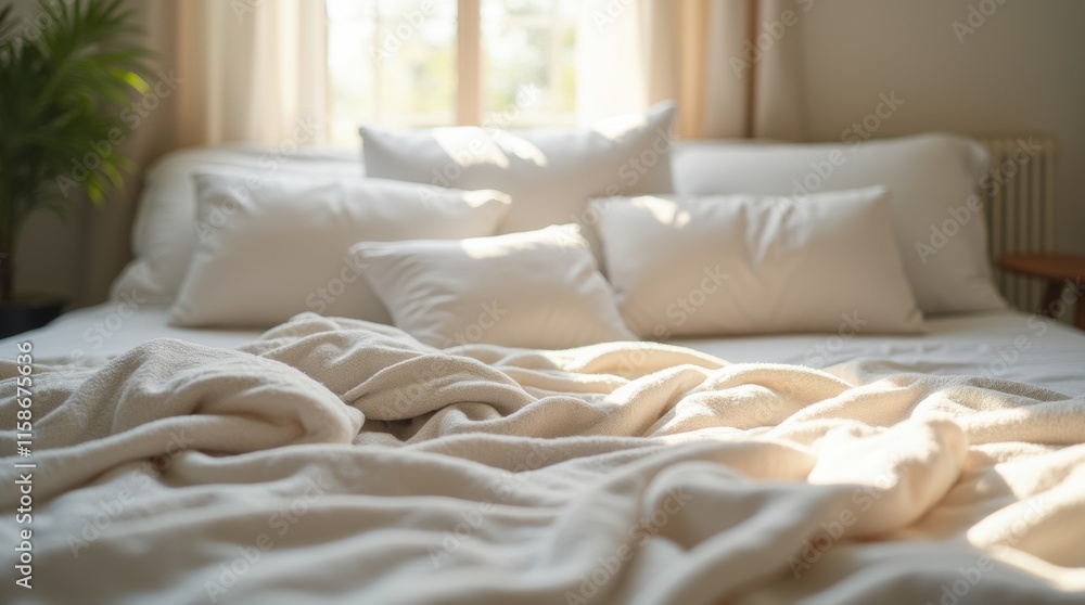 Fototapeta premium A cozy scene of an unmade bed featuring soft pillows and a light blanket, creating an inviting atmosphere that symbolizes a perfect space for resting and relaxation, with gentle natural light