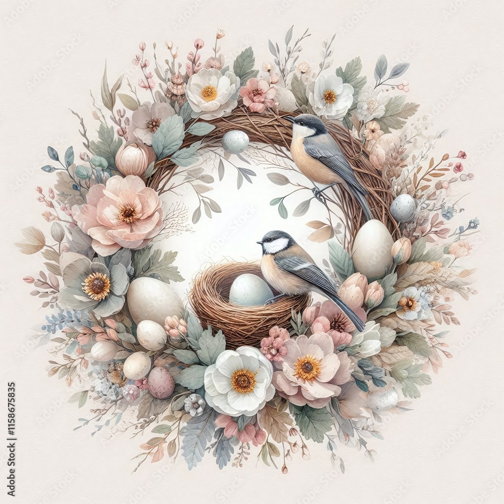 Obraz premium Springtime birds and eggs in a floral nest. Generative AI