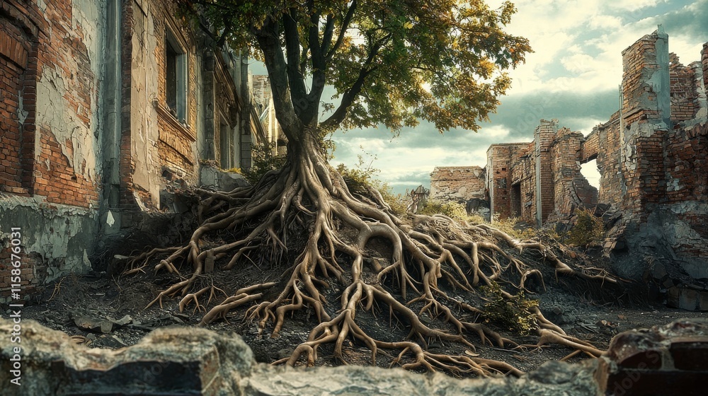A majestic tree rises from ruins, its expansive roots intertwining with remnants of a forgotten structure under a dramatic sky. A majestic tree rises from ruins, its expansive roots intertwining with remnants of a forgotten structure under a dramatic sky.