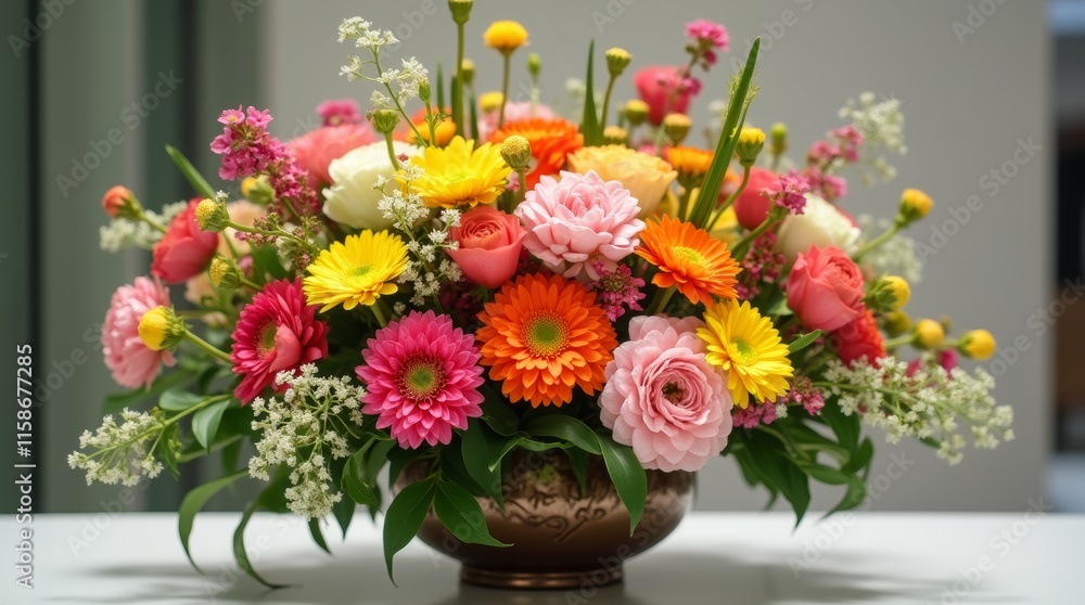 A close-up view of a beautifully crafted floral arrangement, highlighting the intricate details of the flowers and foliage, creating a visually appealing centerpiece that adds charm and elegance to an A close-up view of a beautifully crafted floral arrangement, highlighting the intricate details of the flowers and foliage, creating a visually appealing centerpiece that adds charm and elegance to an