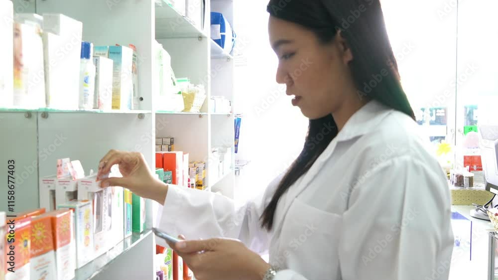 A woman in a white lab coat is looking at a tablet while standing in a pharmacy. She is holding the tablet in her hand and she is reading something A woman in a white lab coat is looking at a tablet while standing in a pharmacy. She is holding the tablet in her hand and she is reading something