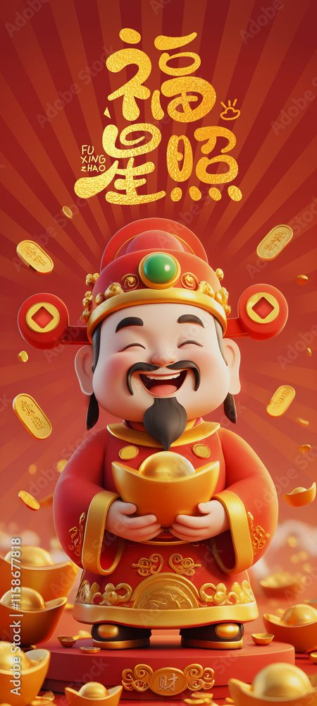 Fototapeta premium Chinese New Year God of Wealth Good Luck Fortune Wishes Poster Red Envelope Greeting Card Wallpaper
