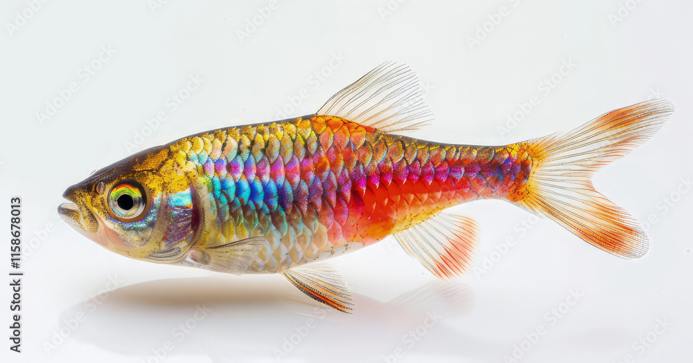 A vibrant, colorful fish with shimmering scales displayed against a white background. A vibrant, colorful fish with shimmering scales displayed against a white background.